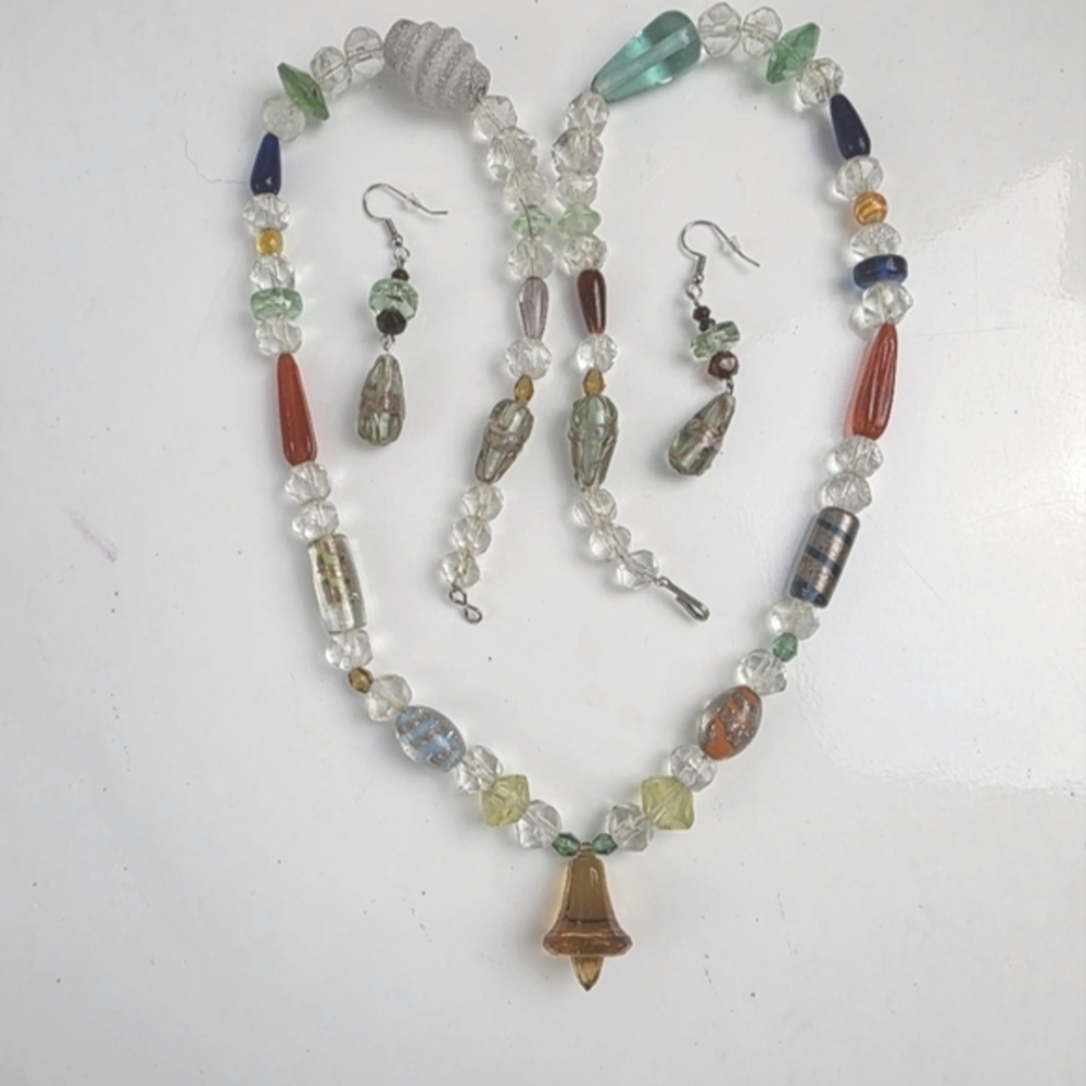Handmade Beaded Necklace and Earrings Set Amber Bell Charm Colorful Glass‎ Beads